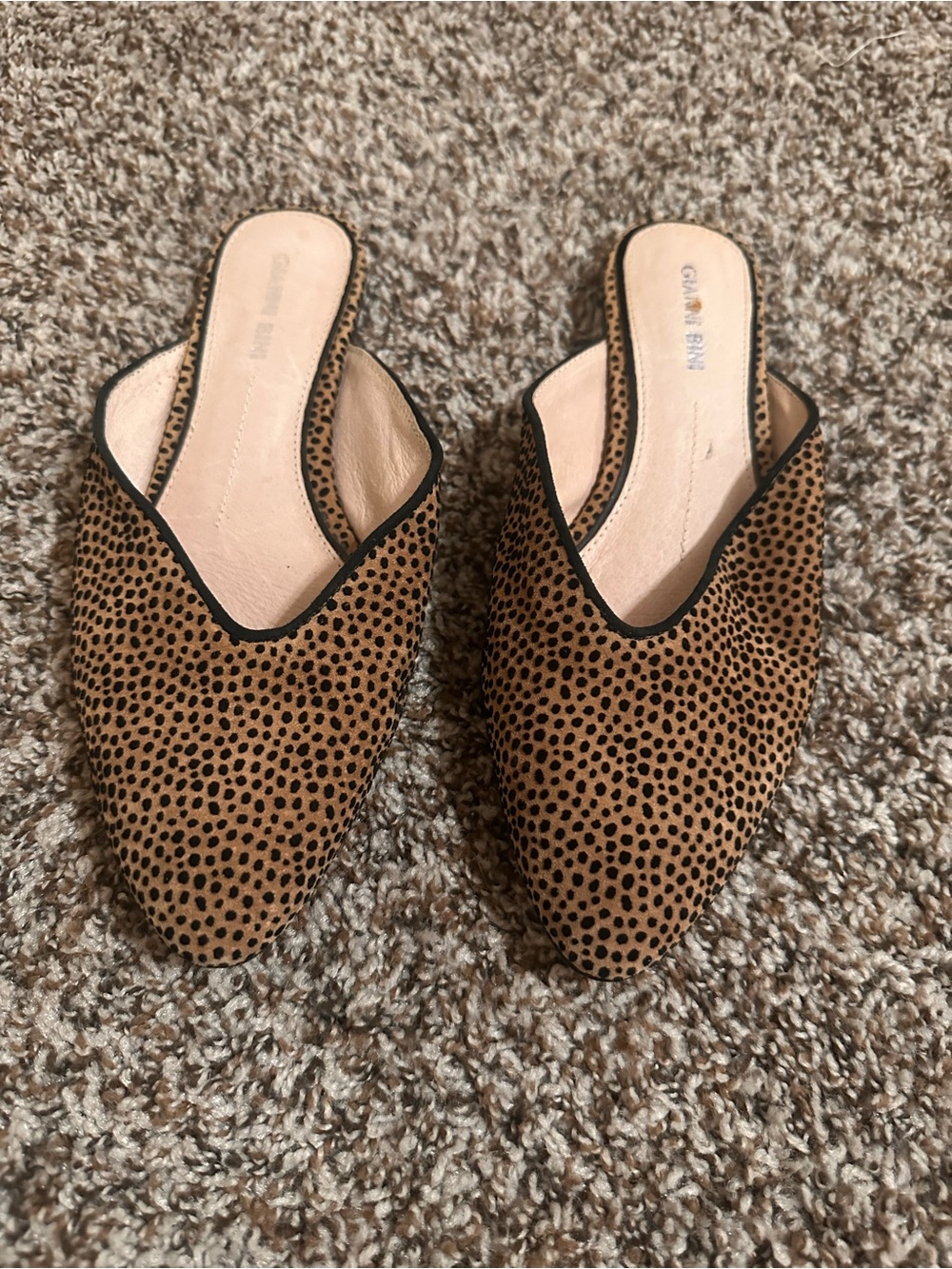 Gianni Bini Tan and Black Spotted Pointed Mule Slides